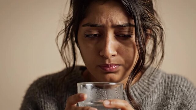 Woman drinks water with pained expression, struggling with headache or illness, needing relief or recovery