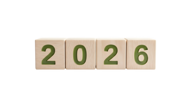 Wooden blocks with 2026 year isolated on transparent background for upcoming time