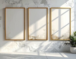 Three grey wooden rectangular vertical frames hanging on a white textured wall mockup