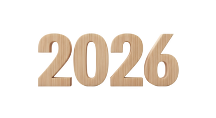 Wooden year 2026 isolated on transparent background