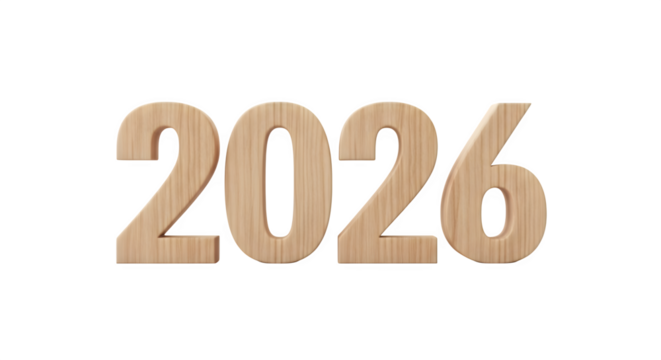 Wooden year 2026 isolated on transparent background