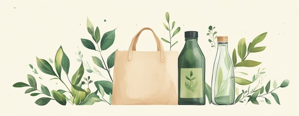 eco-friendly lifestyle illustration showing reusable tote, glass bottle, and green leaves, soft neutral tones