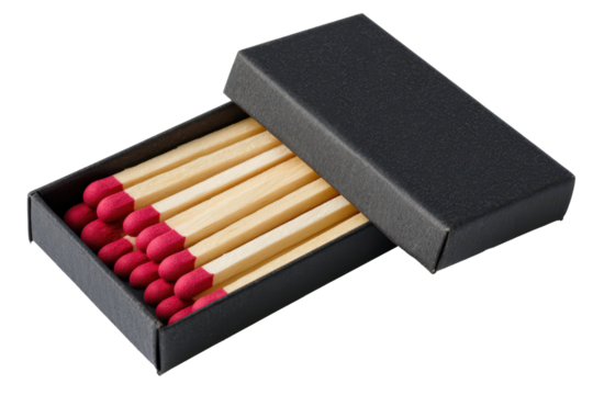 black box of matches with red tip isolated on white or transparent png