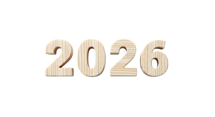 Wooden 2026 numbers isolated on transparent background to represent the year