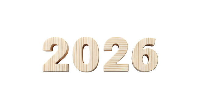Wooden 2026 numbers isolated on transparent background to represent the year