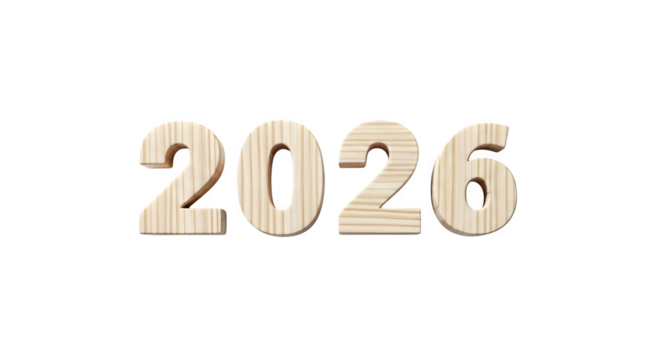 Wooden 2026 numbers isolated on transparent background to represent the year