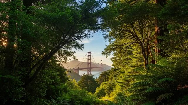 Golden Gate Bridge in Verdant Embrace: The iconic structure stands majestically amidst lush greenery, a vibrant tableau of man-made and natural wonders blending seamlessly under a bright sky.