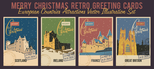 Merry Christmas Retro Greeting Cards. Scotland, Ireland, France, Great Britain Attractions Postcards. Old European Castle, Fortress, Church. Retro Greeting Cards Style Illustrations