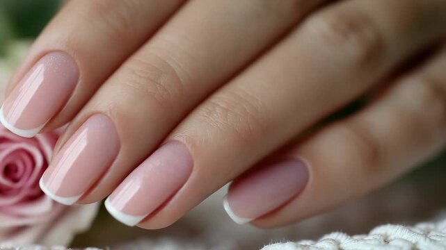 Elegant nail art near a pink rose showcases perfect French tips in a serene setting