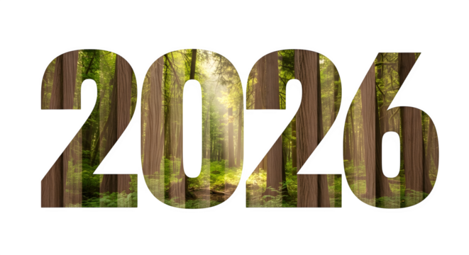 2026 year number with forest texture isolated on transparent background concept