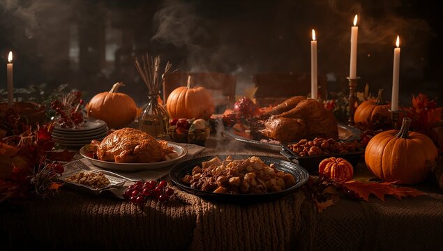 Cozy Autumn Thanksgiving Table with Warm Candlelight and Seasonal Food	