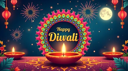 Celebrate Happy Diwali with glowing candles, lanterns, and vibrant colors of the festival night