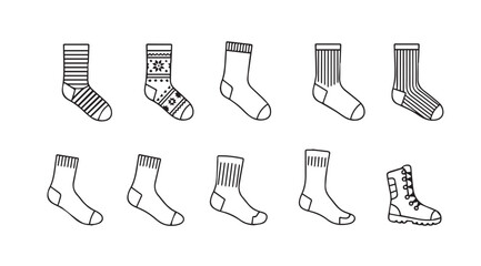 Collection of hand drawn sock silhouettes with various patterns and styles