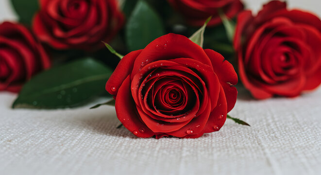 Closeup of a red rose with water droplets set against a textured light surface - Powered by Adobe