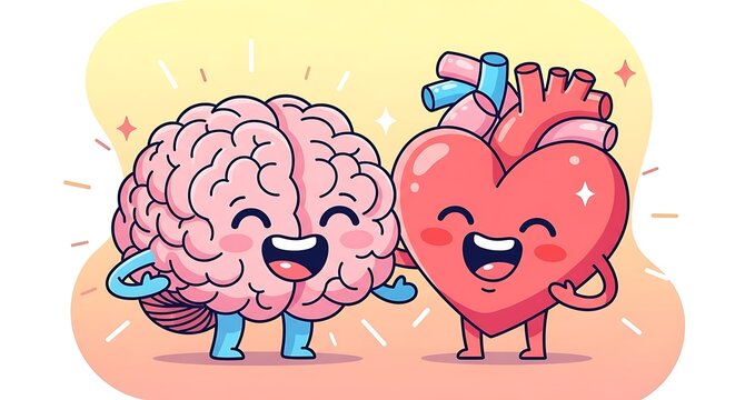 Cartoon brain and heart embrace representing intellect and emotion