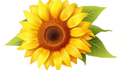 Obraz premium Vibrant yellow sunflower illustration with green leaves, isolated on white background. Perfect for summer themes, natural design elements, and cheerful decorations.