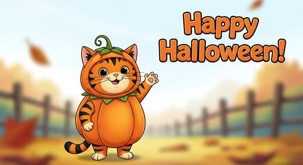 Cartoon cat in pumpkin costume with happy halloween message