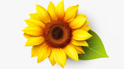 Fototapeta premium Vibrant Sunflower Top View with Green Leaf. Isolated on White, Perfect for Summer & Nature Designs
