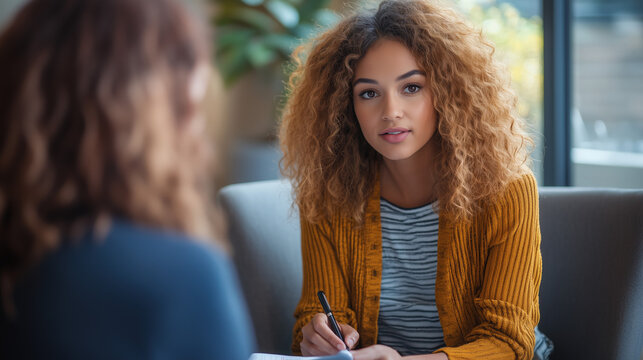 a therapist writing notes while making eye contact with a young woman during counseling