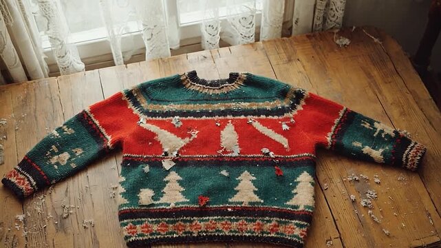 Vibrant Christmas sweater showcased on a weathered wooden table, highlighting festive patterns and textures, camera pans to capture intricate designs