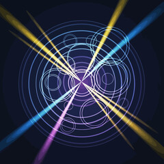 Abstract illustration featuring radiating beams of light and concentric circles against a dark background.