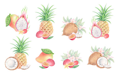 Watercolor and colored pencil set of tropical fruit compositions: pineapple, coconut, mango, dragon fruit, passion fruit, lychee, plumeria flowers. Food exotic summer clipart for packaging or prints.