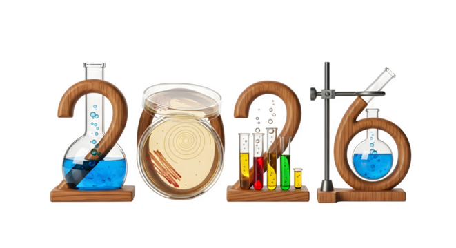 The year 2026 is made of laboratory glassware isolated on transparent background