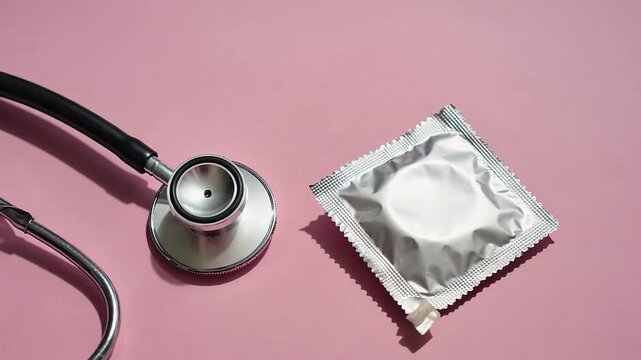 Stethoscope positioned beside condom on soft pink surface, highlighting health and safety themes, camera follows the scene progression