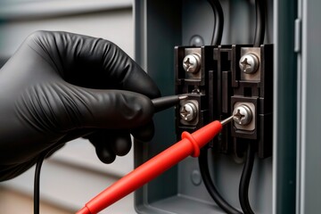 Electrician in a black glove testing an electrical terminal block with a multimeter.