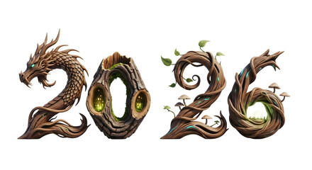 The year 2026 in fantasy tree style isolated on transparent background, nature concept