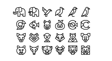 Minimalist Line Art Animal Icon Set Illustration: Elephant, Bird, Fish, Lion, and Fox in Simple Geometric Style on White Background