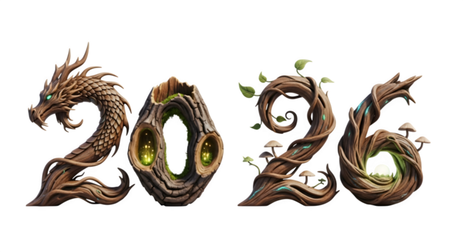 The year 2026 in fantasy tree style isolated on transparent background, nature concept