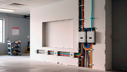Organized electrical wiring and conduits in a wall during construction. Space for text.