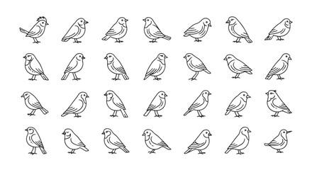 Set of Small Bird Illustrations, Minimalist Line Art Vector Icons. Cute Sparrow Graphic Designs for Decoration, Isolated Bird Symbol Collection