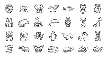 Line drawing animal icons vector illustration set, lion, elephant, eagle, shark, fox, bear, snake, dolphin and more icons for web or apps, zoo animals