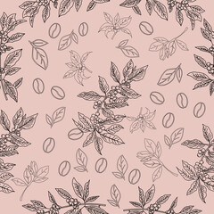 Seamless floral pattern. Branch with leaves. vector illustration of coffee branch. Coffee plant branch with leaf. Hand drawn Coffee tree vector. Coffee beans and leaves. Branch of a plant