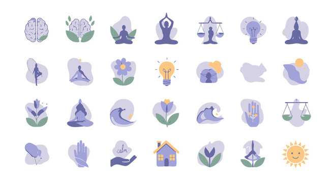 Discovering a serene collection of flat icons symbolizing inner peace, environmental harmony, mindful living, and creative thought