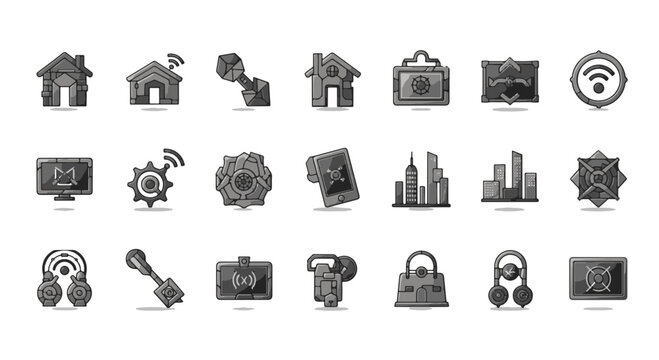 A comprehensive collection of modern grayscale icons featuring themes of digital technology, smart living, business, and urban development, ideal for web and app interfaces