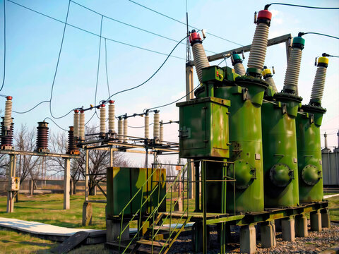 Green high voltage old oil circuit breaker at outdoor distribution substation.