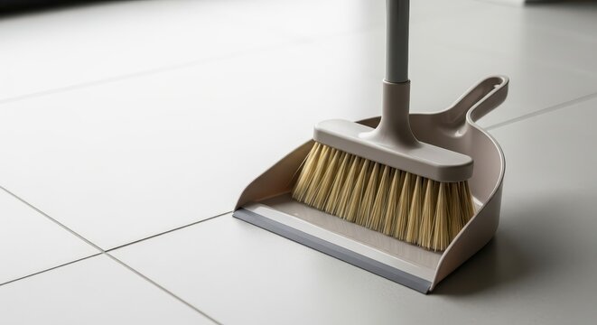 Dustpan and brush on tiled floor for cleaning and maintenance  