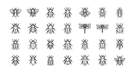 Set of insects, simple outline vector illustration for graphic design, isolated on white background, bug or beetle concept, entomology collection, minimal style icon