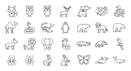 Set of animal illustrations: wildlife, pets, mammals, birds, insects and marine life in linear style vector drawing collection