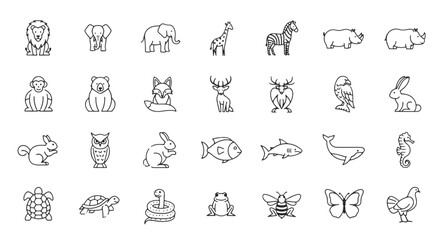 Set of animals vector illustration in cute outline style for children education and decoration projects, wildlife nature, safari, zoo theme line art drawing collection