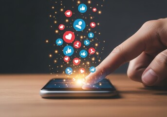 Hand touching smartphone screen social media icons light effects emerging