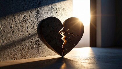Shadow of broken heart on wall,A minimal and emotional photo showing a heart-shaped shadow broken in light, symbolizing love lost.