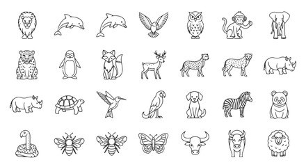 Animal illustration vector set, lion, dolphin, eagle, elephant, fox, deer, zebra, panda, bee vector icons outline style, wildlife, cartoon