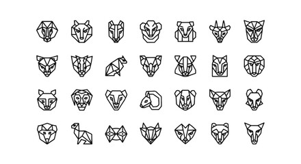 Geometric Animals Head Vector Illustration Set: Modern Line Art Icons for Wildlife and Design Projects with Wolves, Lions, Bears and More
