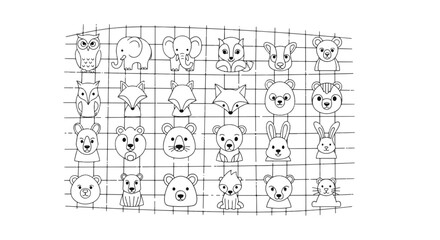 Cute animal cartoon illustration, owl, fox, rabbit, elephant, bear vector drawing on grid, simple hand drawn woodland animal faces line art design