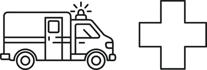 Emergency Response Vehicle Illustration: A minimalist line drawing depicts a medical emergency vehicle alongside a universally recognized healthcare symbol.