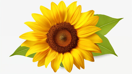 Fototapeta premium Vibrant Sunflower with Green Leaves Isolated on White Background. Bright Yellow Floral Bloom, Summer Nature Concept